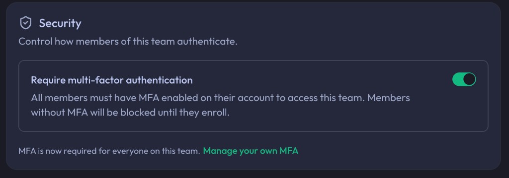 Security card on the team Settings page with the "Require multi-factor authentication" toggle enabled