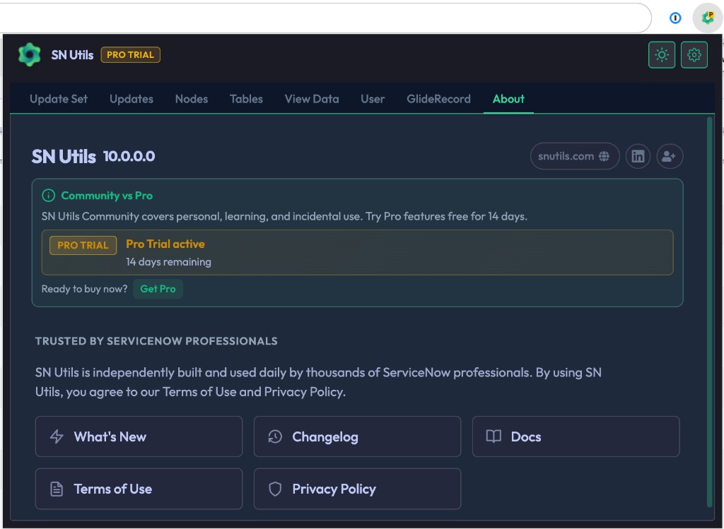 SN Utils popup — About tab with Pro Trial active and days remaining