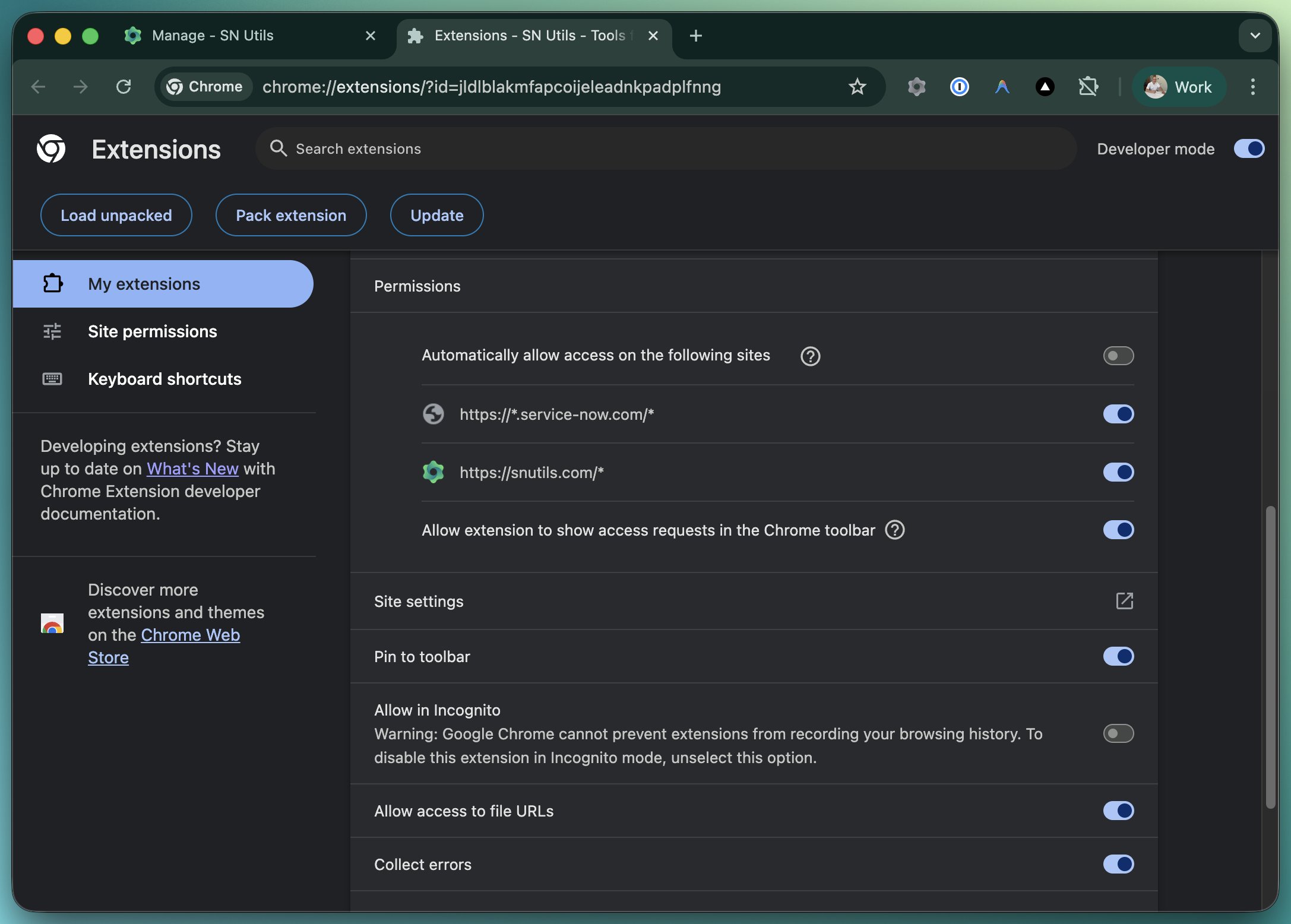 Extension settings page