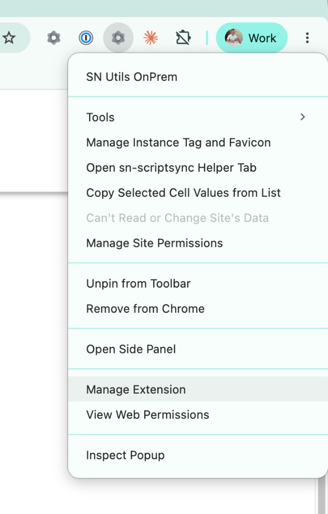 Chrome extension menu with "Manage Extension" selected