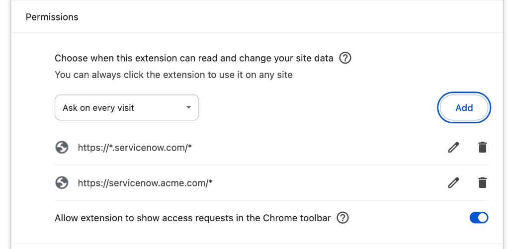 Chrome per-extension site access settings, scoping the OnPrem version to specific ServiceNow domains