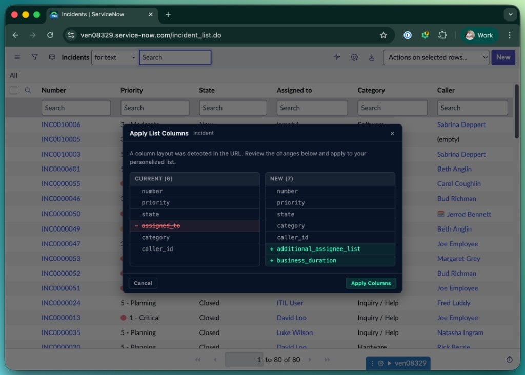 Apply List Columns Modal