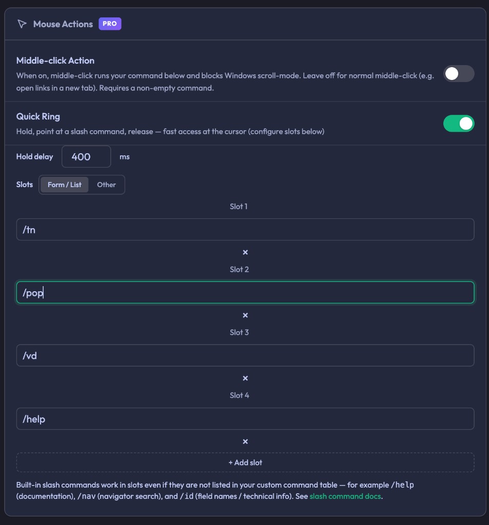 Manage Settings — Quick Ring & Middle-click (Pro): middle-click off, Quick Ring on, full-width slot fields