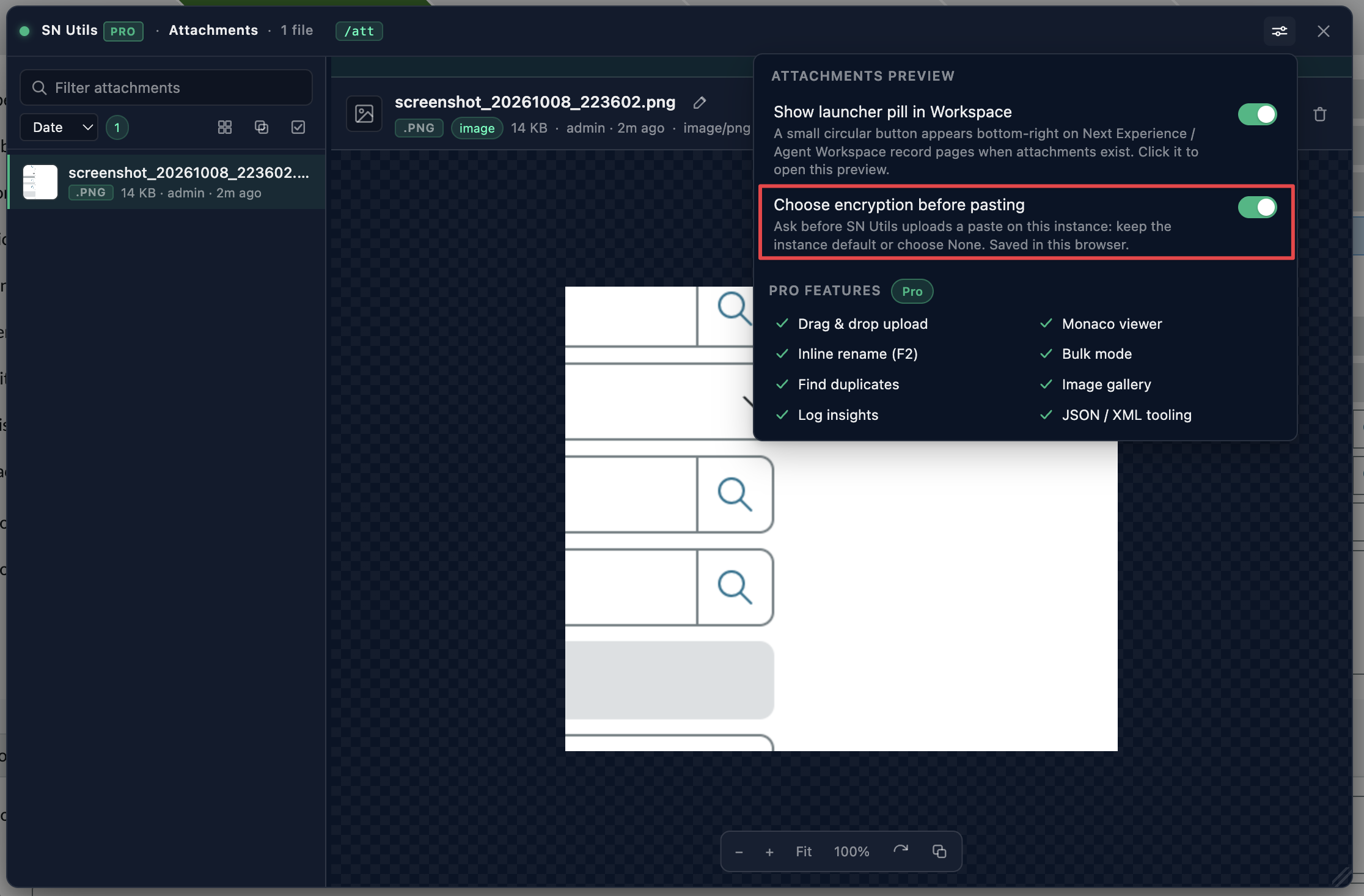 Attachment preview Settings with Choose encryption before pasting enabled and highlighted