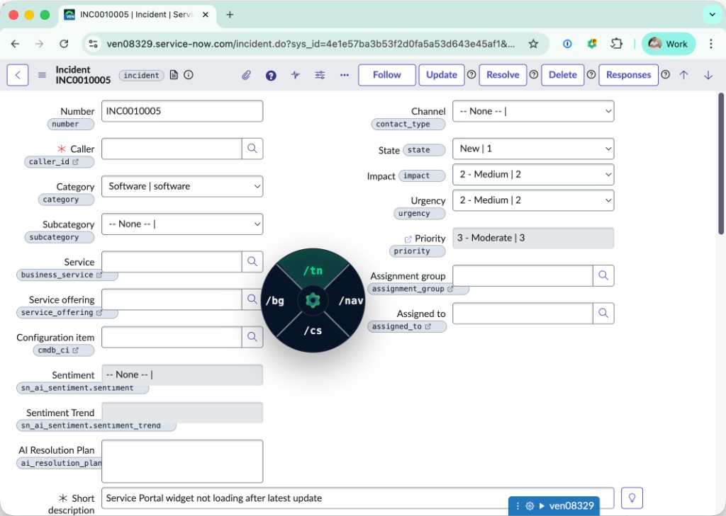 Quick Ring over an Incident form — hold, aim at a wedge, then release to run that slash command