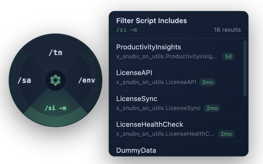 Quick View panel showing Script Include results beside the Quick Ring