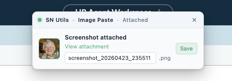 The SN Utils paste pill showing a freshly attached screenshot with an inline filename editor and Save button