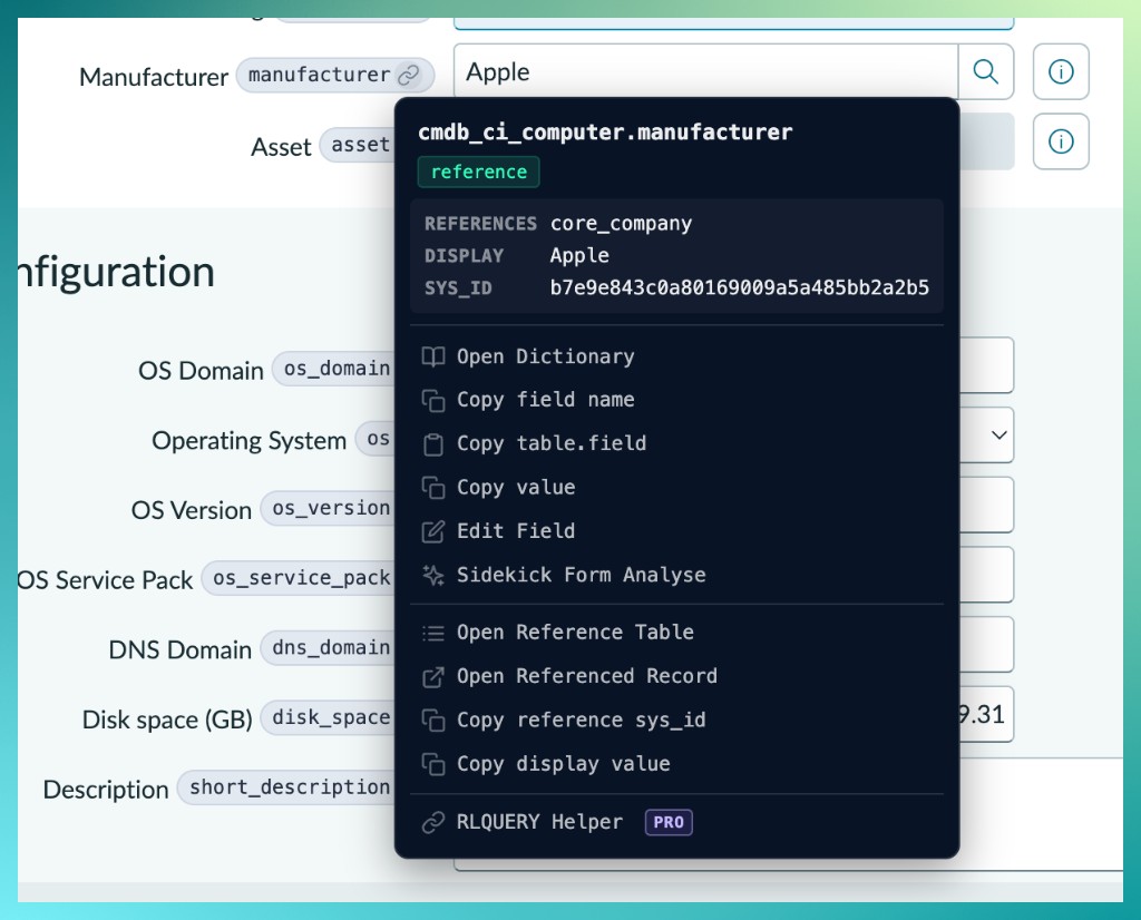 Field popover for the manufacturer reference field on cmdb_ci_computer showing header, type label, reference preview block, core actions, type-specific actions, and the RLQUERY Helper Pro entry