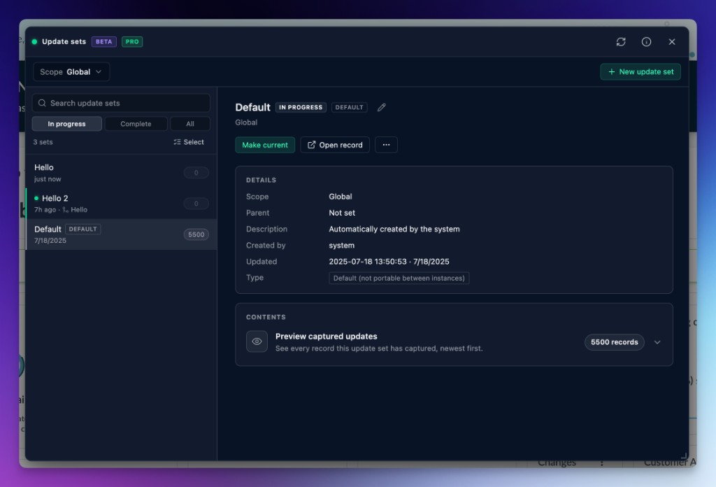 Update Set Manager open on the Default update set, with the scope picker, in-progress list, and detail pane showing Make current and Preview captured updates