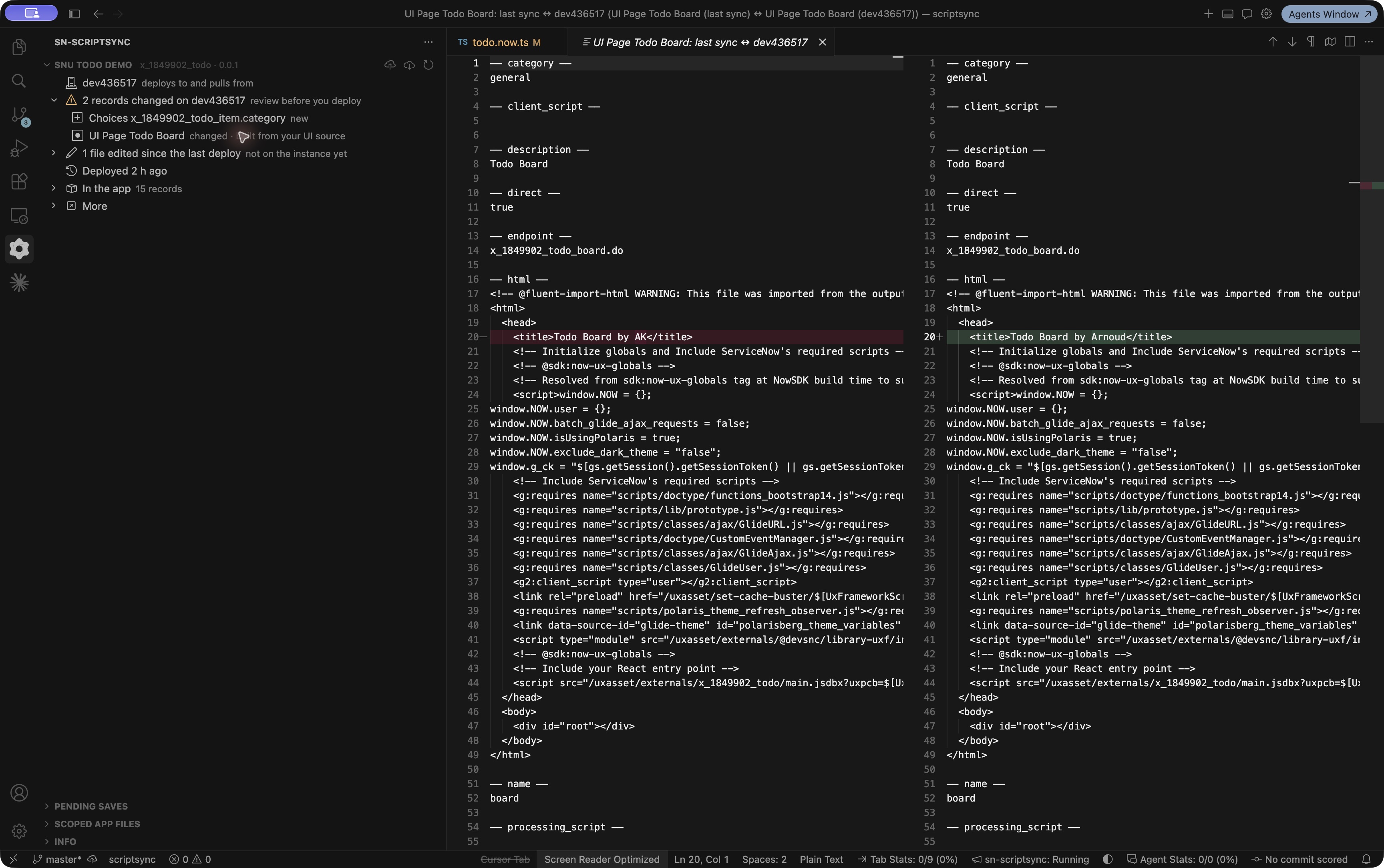 ScriptSync in Cursor lists a choice list and a UI page change, with the UI page's last synced version and current instance version shown side by side.