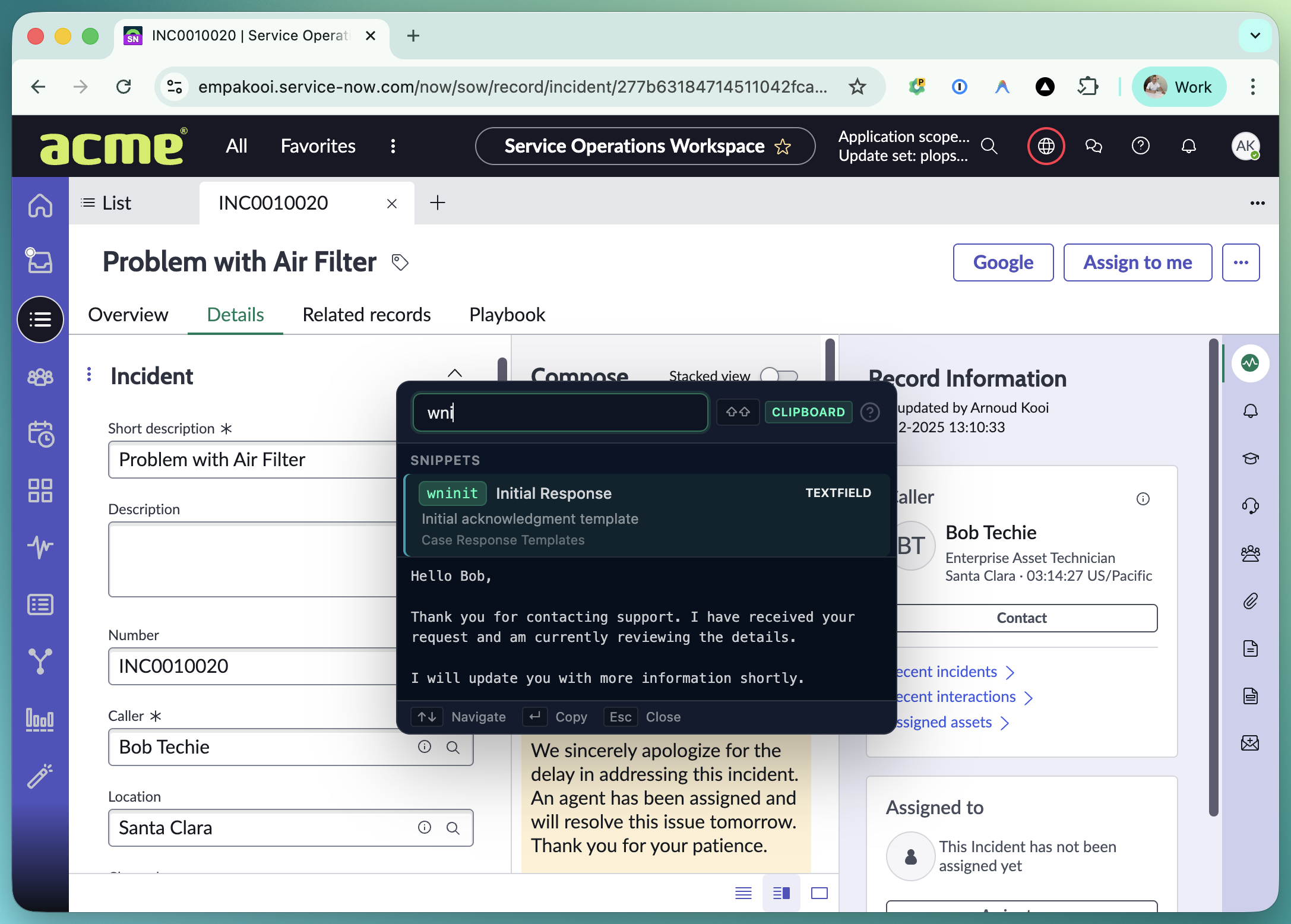 Snippet quick search popup over a ServiceNow script field