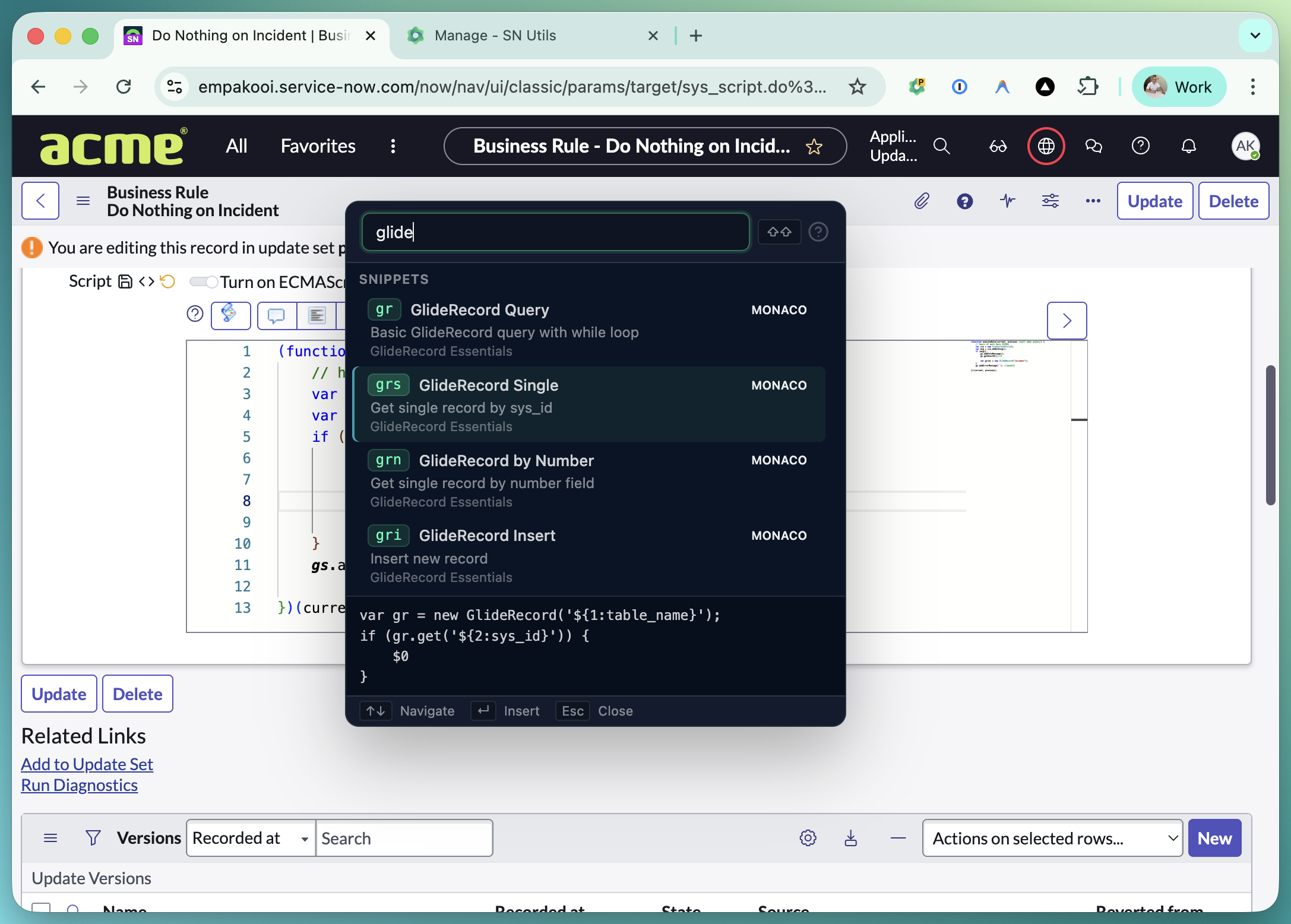 Snippet preview showing code content before insertion
