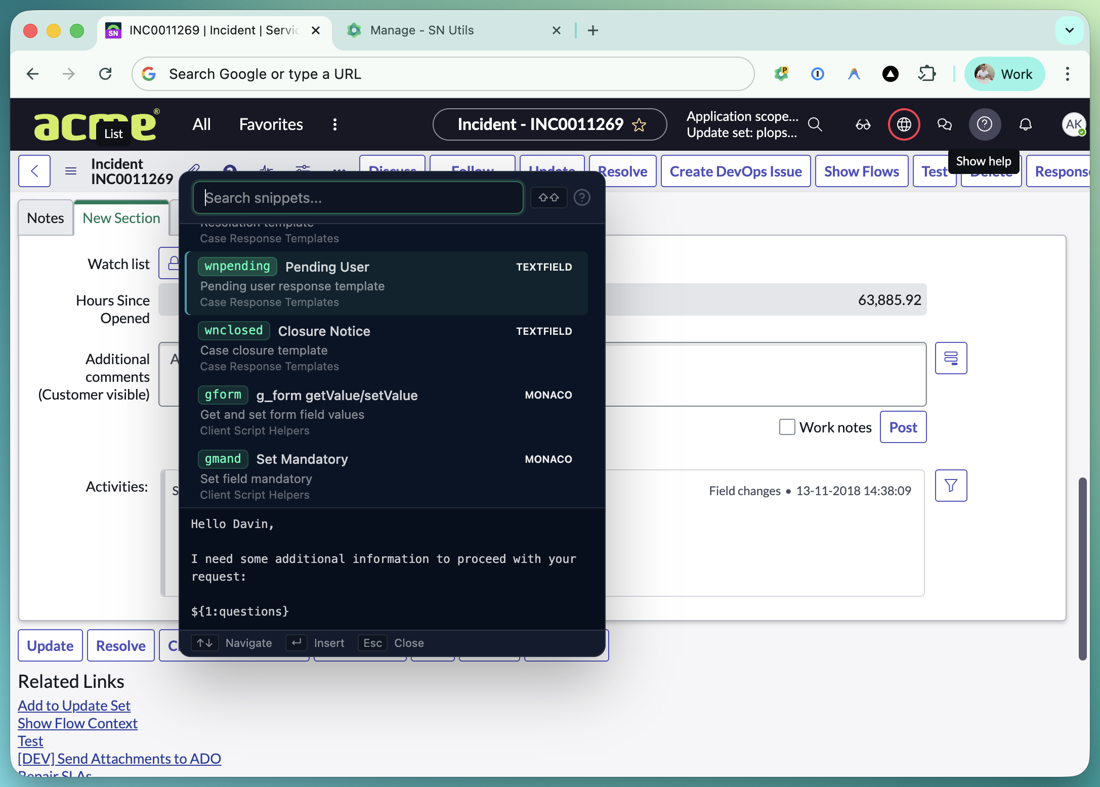Code Snippets quick search popup showing snippet results